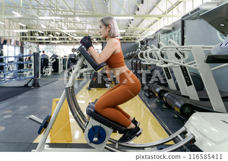 Young woman using ab coaster machine during her morning exercise at a local gym 116585411