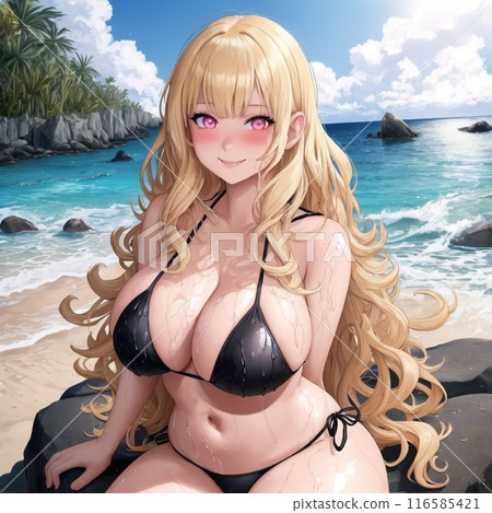 Blonde busty beauty in a swimsuit 116585421
