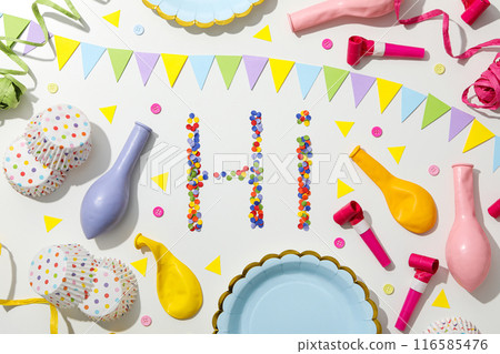 The word "hi" is made of colored plasticine on a white background. 116585476