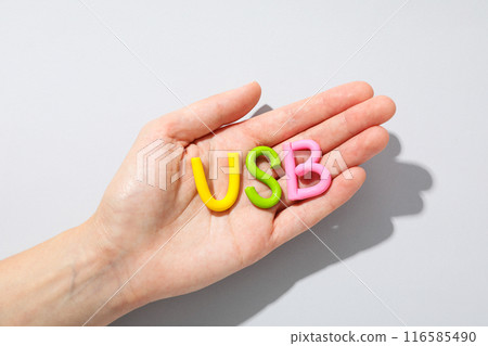 The word "USB" in hands made of colored plasticine. 116585490