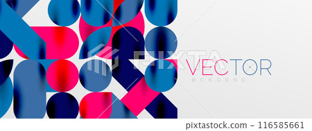 Mosaic geometric elements. Colorful circles, round geometric shapes and lines with shadow 3d effects. Simple forms abstract background for wallpaper, banner, template or landing Mosaic geometric elements. Colorful circles, round geometric shapes and lines with shadow 3d effects. Simple forms abstract background for wallpaper, banner, template or landing 116585661