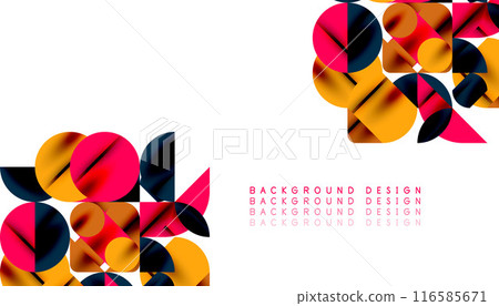 Color beautiful circles, semi circles, squares and round triangles. Geometric mosaic style pattern abstract background for wallpaper, banner, backdrop, card, book Illustration, landing page Color beautiful circles, semi circles, squares and round triangles. Geometric mosaic style pattern abstract background for wallpaper, banner, backdrop, card, book Illustration, landing page 116585671