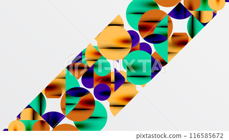 Color beautiful circles, semi circles, squares and round triangles. Geometric mosaic style pattern abstract background for wallpaper, banner, backdrop, card, book Illustration, landing page 116585672