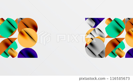 Color beautiful circles, semi circles, squares and round triangles. Geometric mosaic style pattern abstract background for wallpaper, banner, backdrop, card, book Illustration, landing page Color beautiful circles, semi circles, squares and round triangles. Geometric mosaic style pattern abstract background for wallpaper, banner, backdrop, card, book Illustration, landing page 116585673