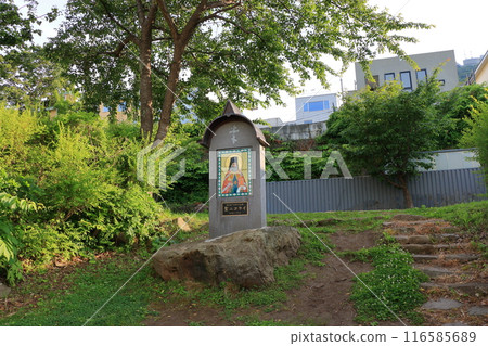 Statue of St. Nikolai by the Hakodate Russian Orthodox Church Holy Resurrection Cathedral in Hakodate City in Hokkaido in northern Japan 116585689