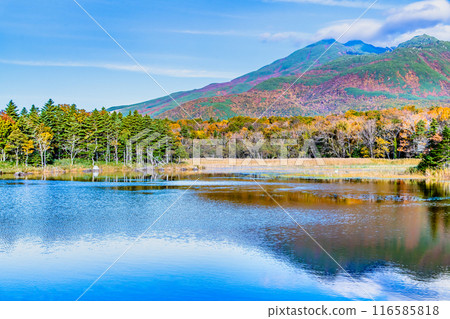Hokkaido: Shiretoko Five Lakes in Autumn - Two Mirror Lakes and the Shiretoko Mountain Range 116585818