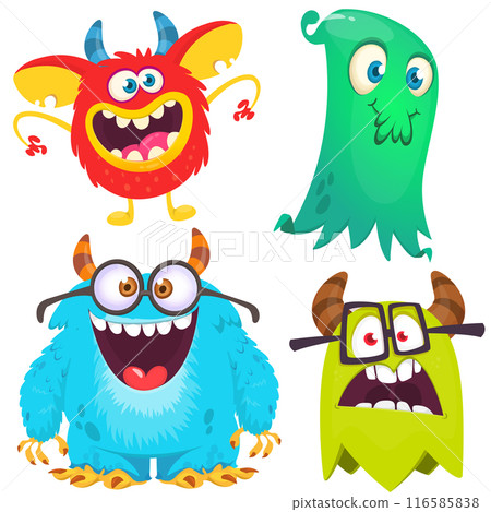 Funny cartoon monsters with different face expressions. Set of cartoon vector happy monsters characters. Halloween design for party decoration, package design Funny cartoon monsters with different face expressions. Set of cartoon vector happy monsters characters. Halloween design for party decoration, package design 116585838