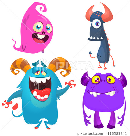 Funny cartoon monsters with different face expressions. Set of cartoon vector happy monsters characters. Halloween design for party decoration, package design Funny cartoon monsters with different face expressions. Set of cartoon vector happy monsters characters. Halloween design for party decoration, package design 116585841