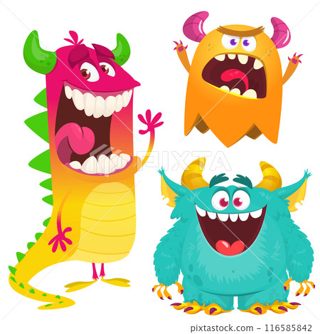 Cute cartoon Monsters. Set of cartoon monsters: goblin, ghost, troll, monster, yeti and alien . Halloween design. Vector illustration isolated 116585842