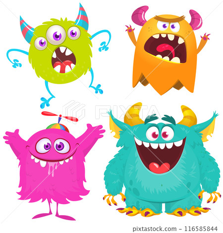 Funny cartoon monsters with different face expressions. Set of cartoon vector happy monsters characters. Halloween design for party decoration, package design Funny cartoon monsters with different face expressions. Set of cartoon vector happy monsters characters. Halloween design for party decoration, package design 116585844
