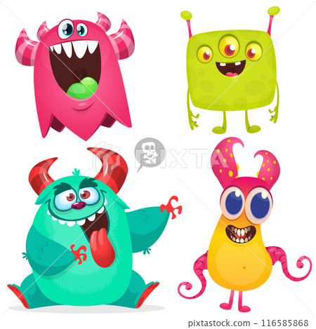 Funny cartoon monsters with different face expressions. Set of cartoon vector happy monsters characters. Halloween design for party decoration,  package design 116585868