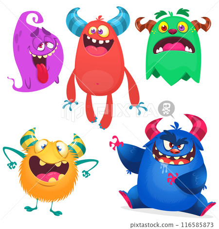 Funny cartoon monsters with different face expressions. Set of cartoon vector happy monsters characters. Halloween design for party decoration,  package design 116585873