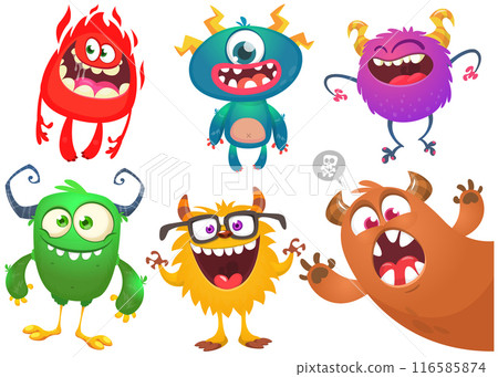 Funny cartoon monsters with different face expressions. Set of cartoon vector happy monsters characters. Halloween design for party decoration, package design Funny cartoon monsters with different face expressions. Set of cartoon vector happy monsters characters. Halloween design for party decoration, package design 116585874
