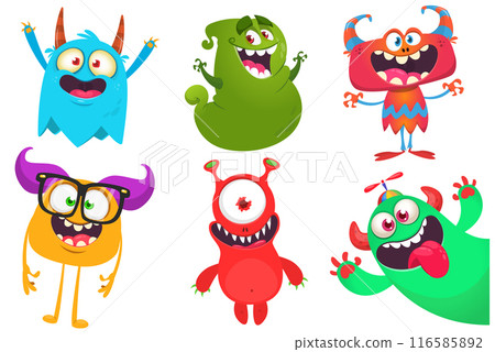 Funny cartoon monsters with different face expressions. Set of cartoon vector happy monsters characters. Halloween design for party decoration, package design Funny cartoon monsters with different face expressions. Set of cartoon vector happy monsters characters. Halloween design for party decoration, package design 116585892