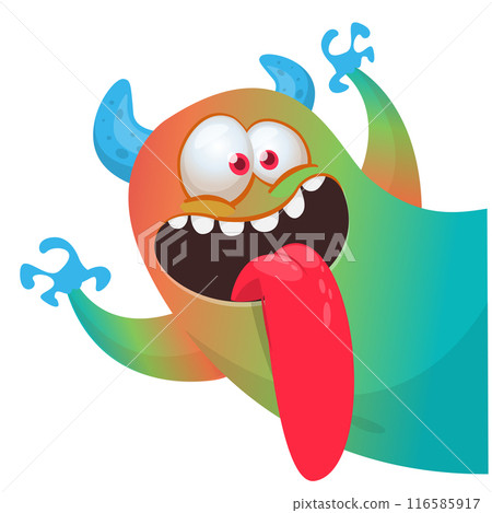Cartoon happy monster with long tongue sticking out of the mouth.  Vector illustration isolated on white. For Halloween party or package design 116585917