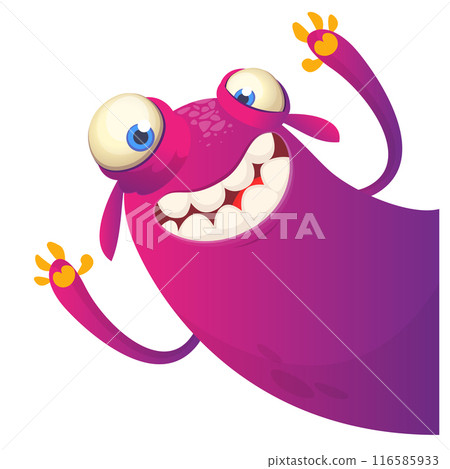 Cartoon scary monster with funny face expression waving hands . Vector illustration isolated on white. Halloween design 116585933