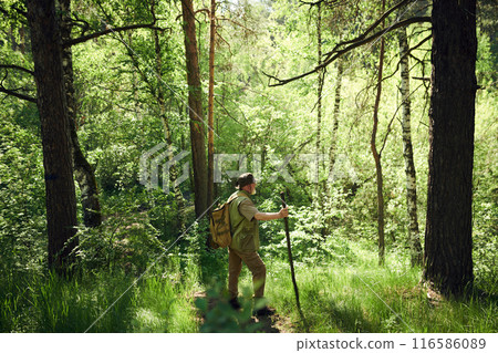 Extreme long shot of bearded mature Caucasian traveler wearing backpack holding wooden stick hiking in mountain forest on sunny summer day Extreme long shot of bearded mature Caucasian traveler wearing backpack holding wooden stick hiking in mountain forest on sunny summer day 116586089