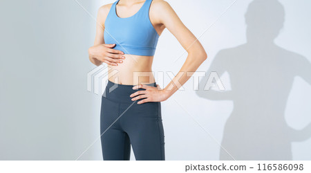 Image of a woman in shape through training, body care, diet 116586098