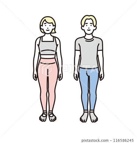 穿著普拉提服裝的男人和女人全身的簡單插圖 穿著普拉提服裝的男人和女人全身的簡單插圖 116586245