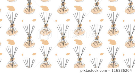 Aromatherapy seamless pattern. Aroma diffuser, essential oil for home. Vector outline, line art illustration concept with Color Abstract shape. Glass Jar Different with Wooden Bamboo Aroma Sticks 116586264