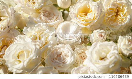 Cosmetic branding, toiletries and skincare concept. Face cream moisturizer jar on floral background, moisturizing skin care lotion and lifting emulsion, anti-age cosmetics for luxury beauty brand 116586489