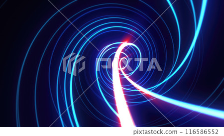 Abstract bright blue background tunnel with flying lines of energy particles and light rays 116586552
