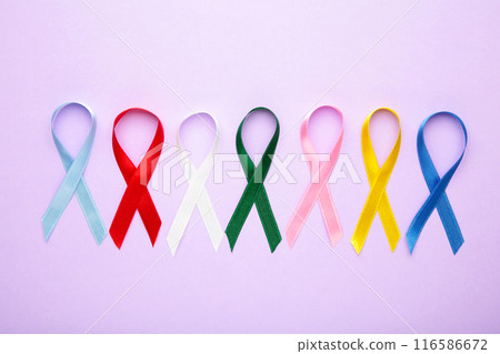 Collection of awareness ribbons on purple. World cancer day Collection of awareness ribbons on purple. World cancer day 116586672