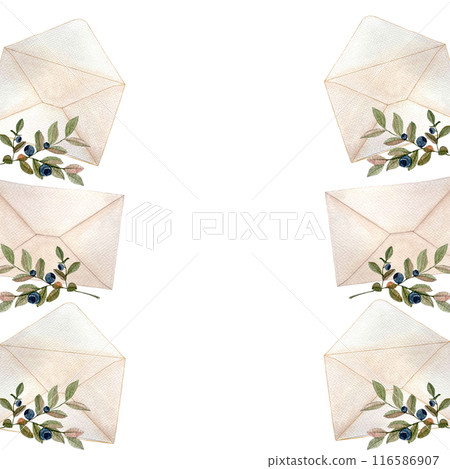 Envelope close and open, watercolor vertical frame isolated on white. Hand drawn high quality art. Simple flat style illustration for stationary designs, cards, notebooks, textile, packages design 116586907