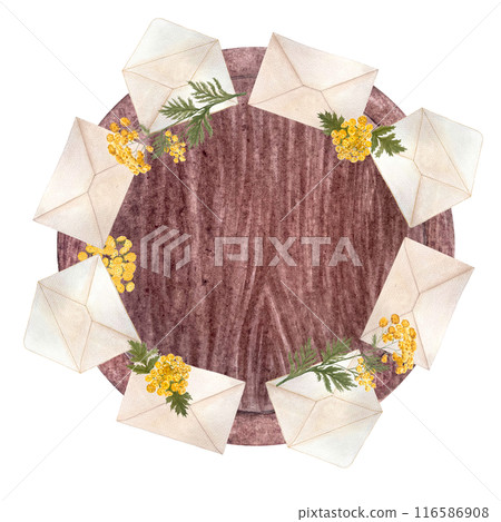 Envelopes close and open with tansy flowers on a wooden tray watercolor frame isolated on white. Hand drawn high quality illustration for stationary designs, cards, notebooks, textile, packages design Envelopes close and open with tansy flowers on a wooden tray watercolor frame isolated on white. Hand drawn high quality illustration for stationary designs, cards, notebooks, textile, packages design 116586908