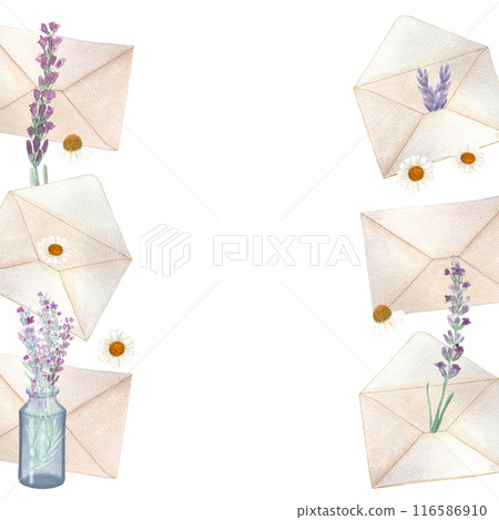 Envelopes close and open, with lavender and chamomile watercolor vertical frame isolated on white. Hand drawn art. Simple flat style illustration for stationary designs, cards, poster, packages design 116586910
