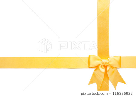 Beautiful gold ribbon and bow isolated on white background. Beautiful gold ribbon and bow isolated on white background. 116586922
