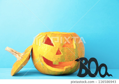 Halloween Pumpkin with decoration. Scary Jack on blue background Halloween Pumpkin with decoration. Scary Jack on blue background 116586943