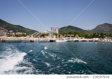 A coastal cityscape with beach, buildings, and mountains under a clear blue sky. 116587018