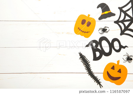 Halloween composition with spiders and bats on white background. View from above 116587097