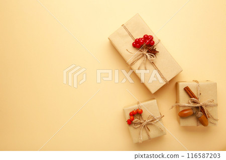 Gifts with autumn viburnum on biege background. Autumn composition. Gifts with autumn viburnum on biege background. Autumn composition. 116587203