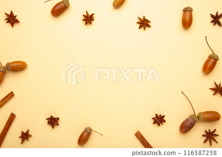 Autumn composition. Acorn, pine cone, anise star. Flat lay, top view, copy space Autumn composition. Acorn, pine cone, anise star. Flat lay, top view, copy space 116587238
