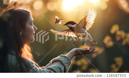 Woman releasing birds, symbolic freedom, stress relief, emotional healing 116587353