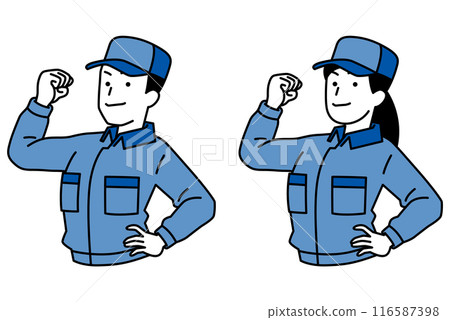 Set of men and women in overalls showing off their biceps Set of men and women in overalls showing off their biceps 116587398