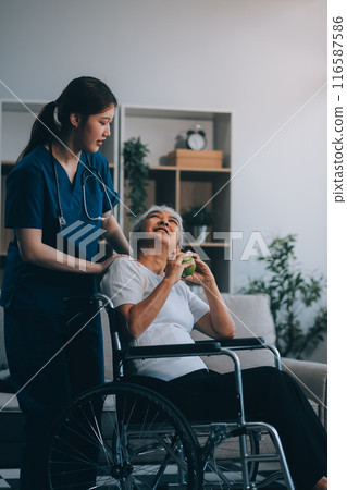Asian physiotherapist helping elderly woman patient stretching arm during exercise correct with dumbbell in hand during training hand with patient Back problems in garden. Nursing home hospital 116587586