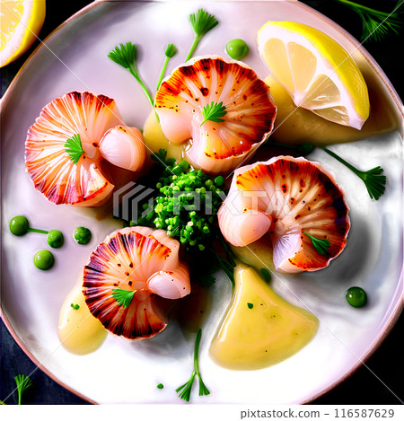 Seared scallops with a lemon-butter sauce, shot from above, with a hint of chives and parsley. The fina 116587629