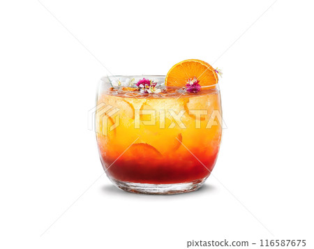Mai Tai Punch A large bowl with layered orange and red liquid floating fruit slices 116587675