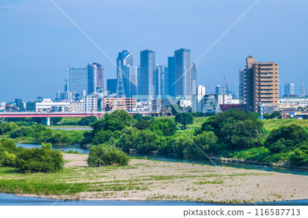 Tokyo cityscape in July. A view of the Tama River bathed in beautiful greenery and the high-rise apartment complex in front of Musashi-Kosugi Station (July 3rd) Tokyo cityscape in July. A view of the Tama River bathed in beautiful greenery and the high-rise apartment complex in front of Musashi-Kosugi Station (July 3rd) 116587713