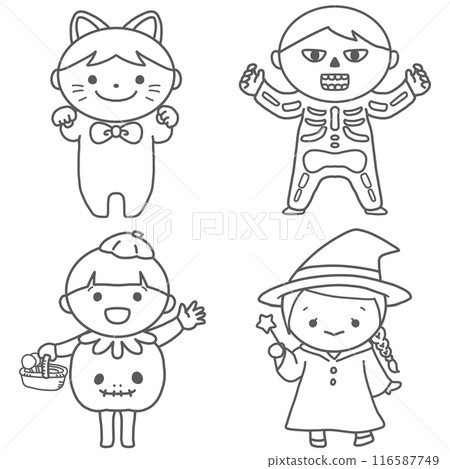 穿著萬聖節服裝的兒童的可愛線條畫插圖集 116587749