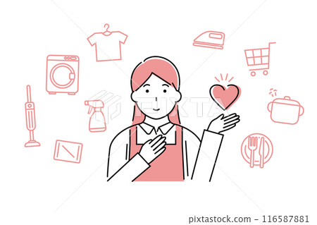 A woman wearing an apron holding up a heart and icons representing various household chores - Image of a housewife/housekeeping service 116587881