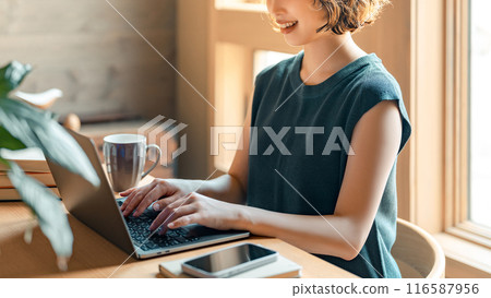 Smiling Japanese woman using a laptop Smiling Japanese woman using a laptop 116587956