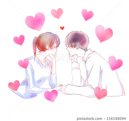 Smiling men and women facing each other, love, heart 116588094