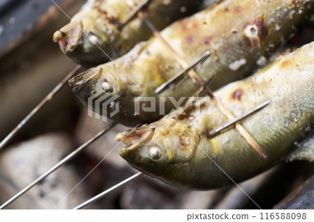 Grilling sweetfish over charcoal 116588098