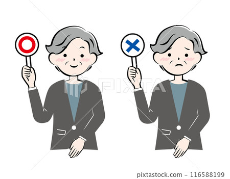 Senior woman in a suit holding a true or false card Correct Incorrect 116588199