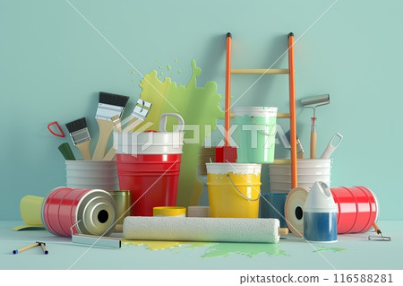 A collection of painting tools including brushes, rollers, paint buckets, and a ladder, against a light blue background. 116588281