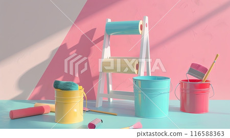 A 3D rendering of painting supplies, including rollers, brushes, paint buckets, and a folding ladder, set against a light background. 116588363